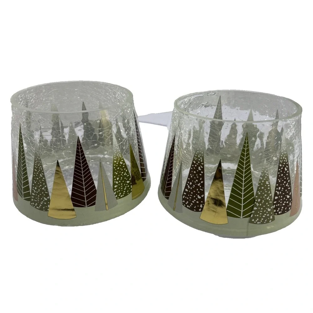 Two YANKEE CANDLE Hand-Painted Shade Topper Holiday Crackle Christmas Trees